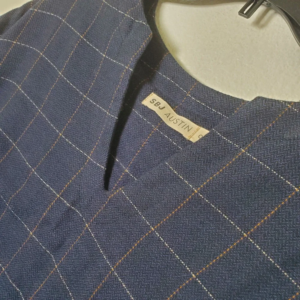 SBJ Austin Mary Dress Tunic Navy Blue Plaid Cotton Oversized Square V-Neck OS‎